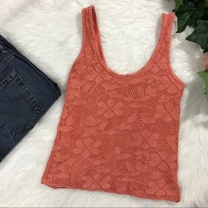 Free People Distressed Crochet Coral Tee